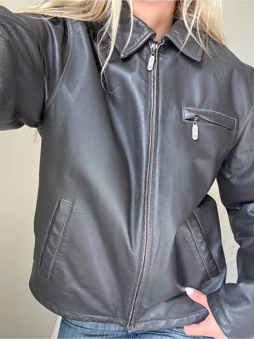 vintage genuine Leather Zip-Front Jacket in Dark Brown